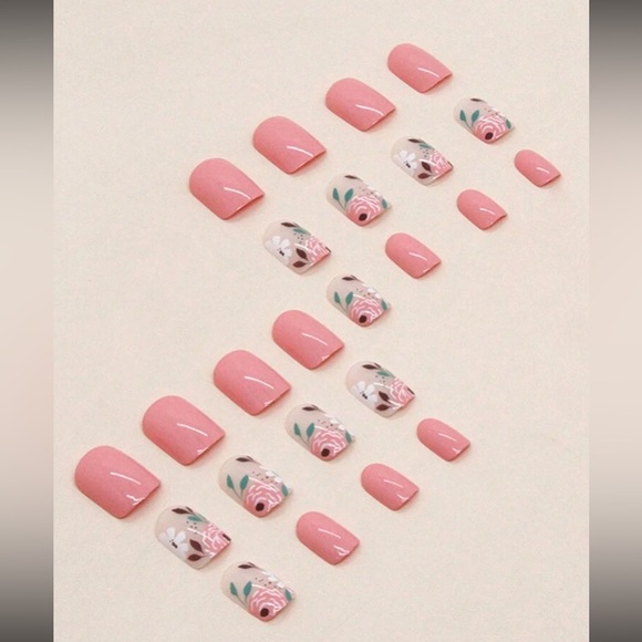 Floral creamy pink and Coral beautiful Press On Nails - Picture 2 of 7